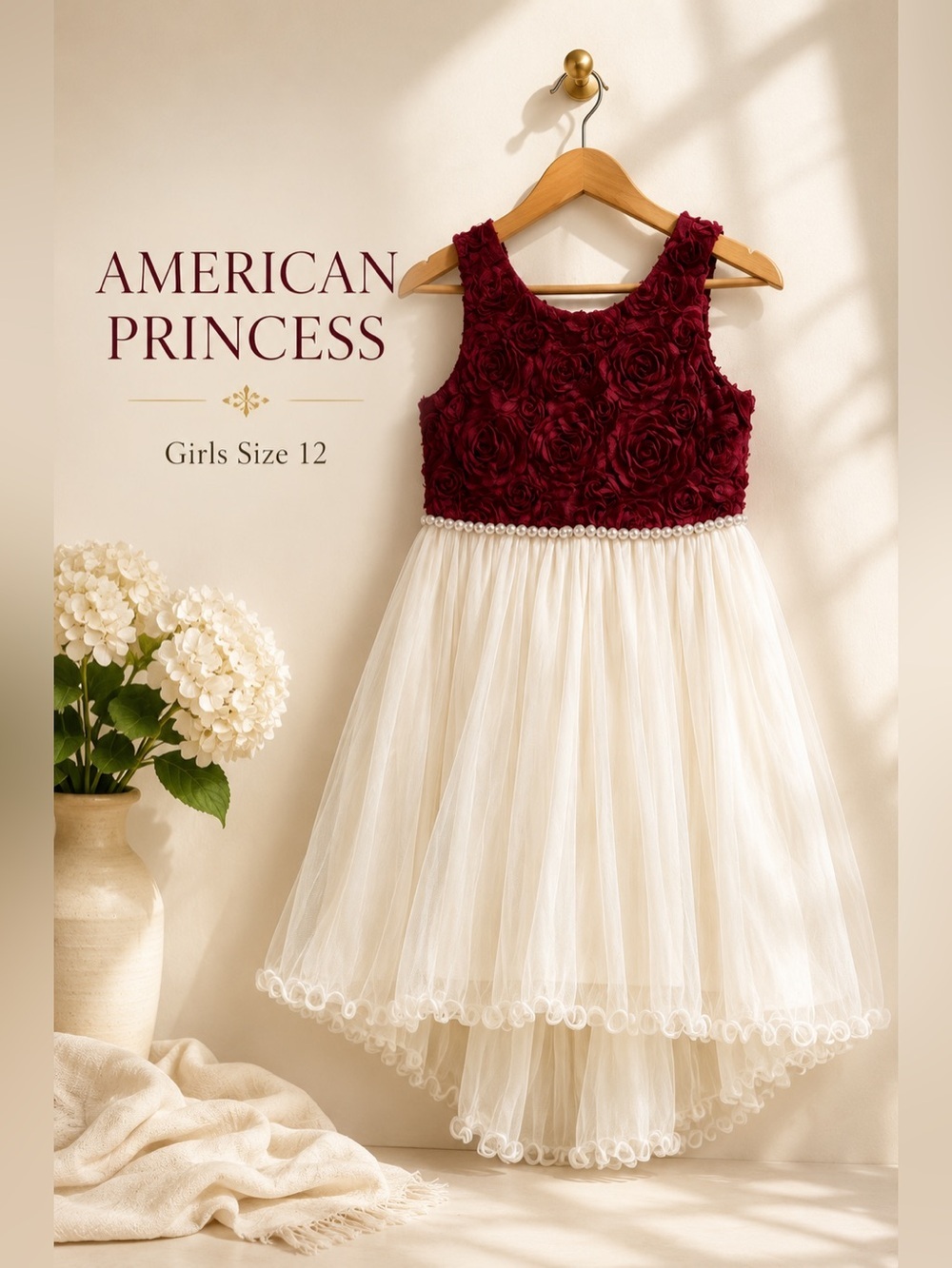 American Princess Burgundy Rosette Bodice Party Dress White Tulle Girls Size 12